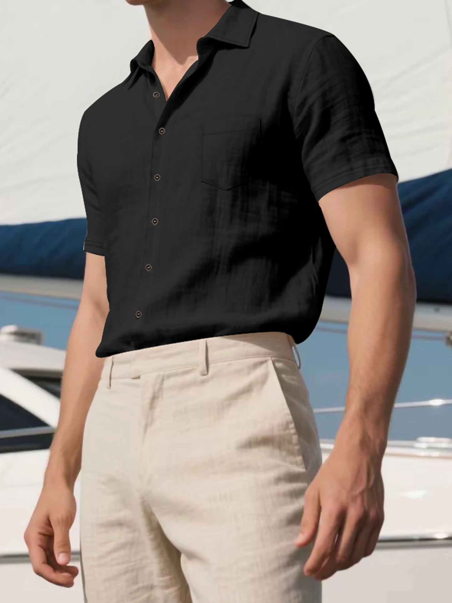 Men s Lightweight Linen Short Sleeve Button-Down Shirt Casual Solid Color Breathable Summer Tops Loose Fit Lapel Collar