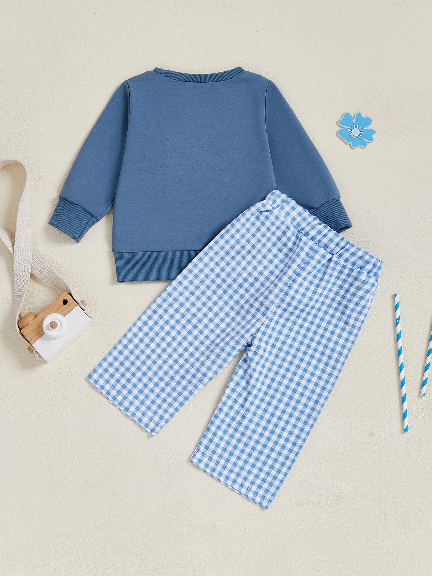 Toddler Boy Autumn Set with Motorcycle Print Sweatshirt and Plaid Pants Long Sleeve Outfit for Baby Boys 2 Piece Clothing Set