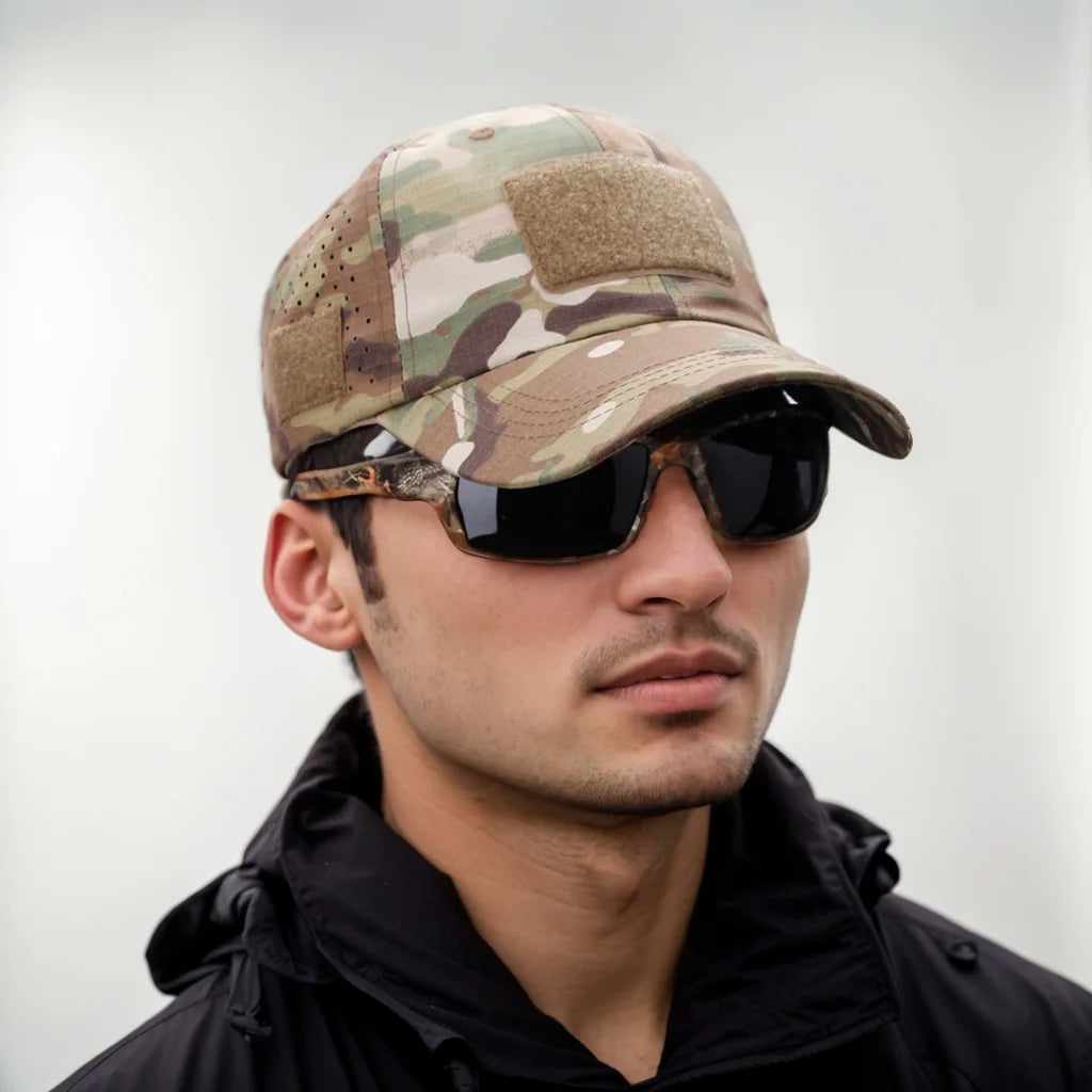 Men Camouflage Baseball Cap Breathable Sunscreen Hat for Outdoor Sports Hiking Fishing Sun Hat with Velcro Can Hang Sunglasses