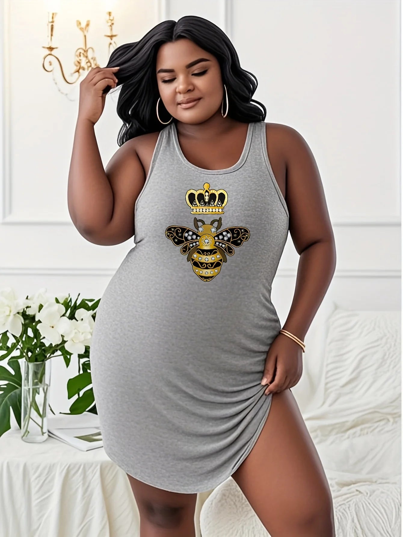 Lady Summer plus size Bee With Crown And Diamonds printed t shirt dress Bee With Crown And Diamonds