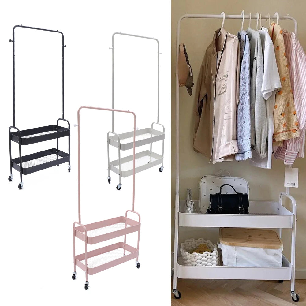 Mobile Clothing Storage Rack Clothing Hanging Rack with 2 Tiers Garment Storage Organizer Stand with Wheels, Black/White/Pink