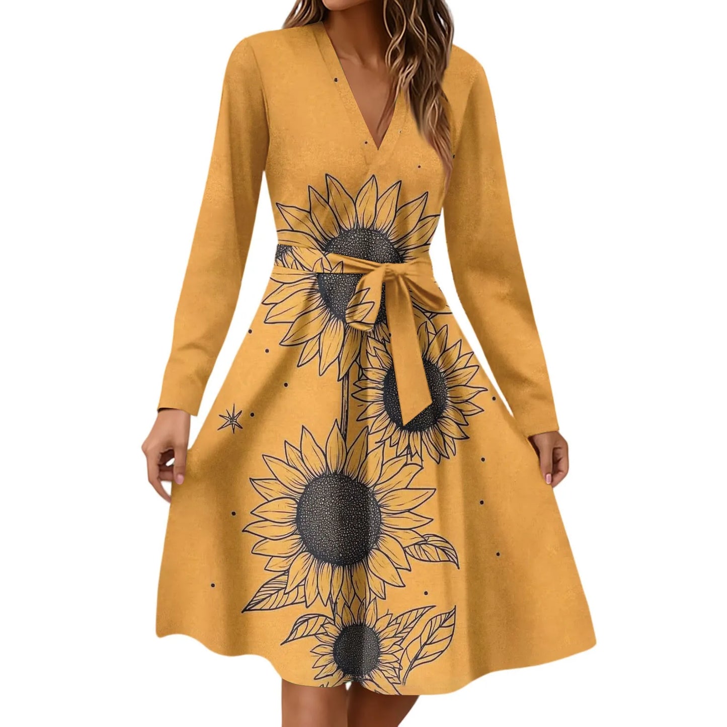 Women'S Fashion Casual V-Neck Long Sleeve Waist Floral Print Midi Dress Vestidos Para Mujer Female Dress Y2k Traf Roupas Feminin