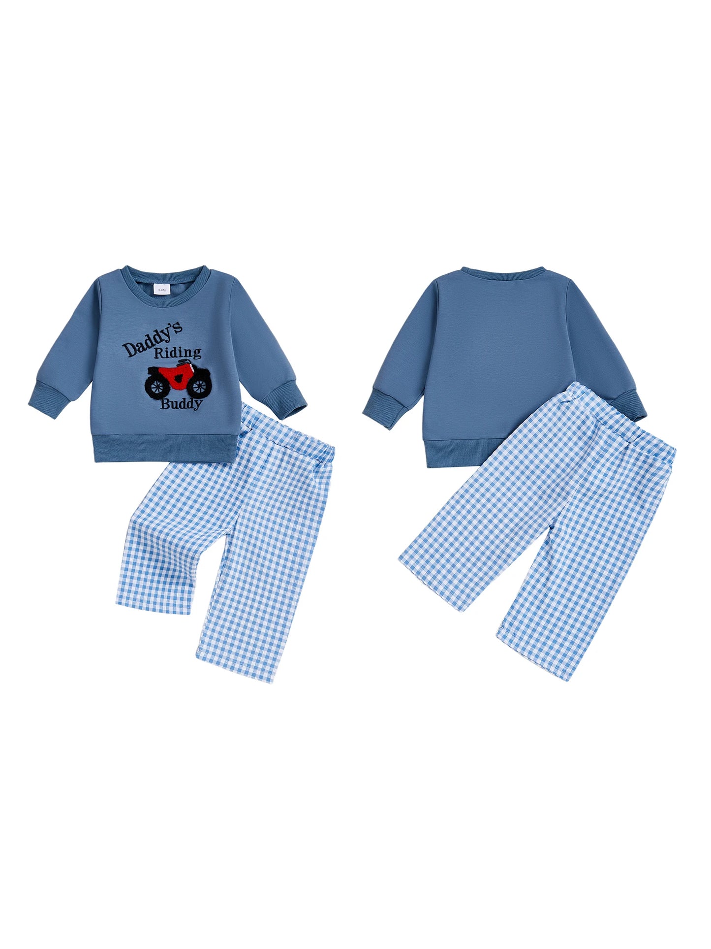 Toddler Boy Autumn Set with Motorcycle Print Sweatshirt and Plaid Pants Long Sleeve Outfit for Baby Boys 2 Piece Clothing Set