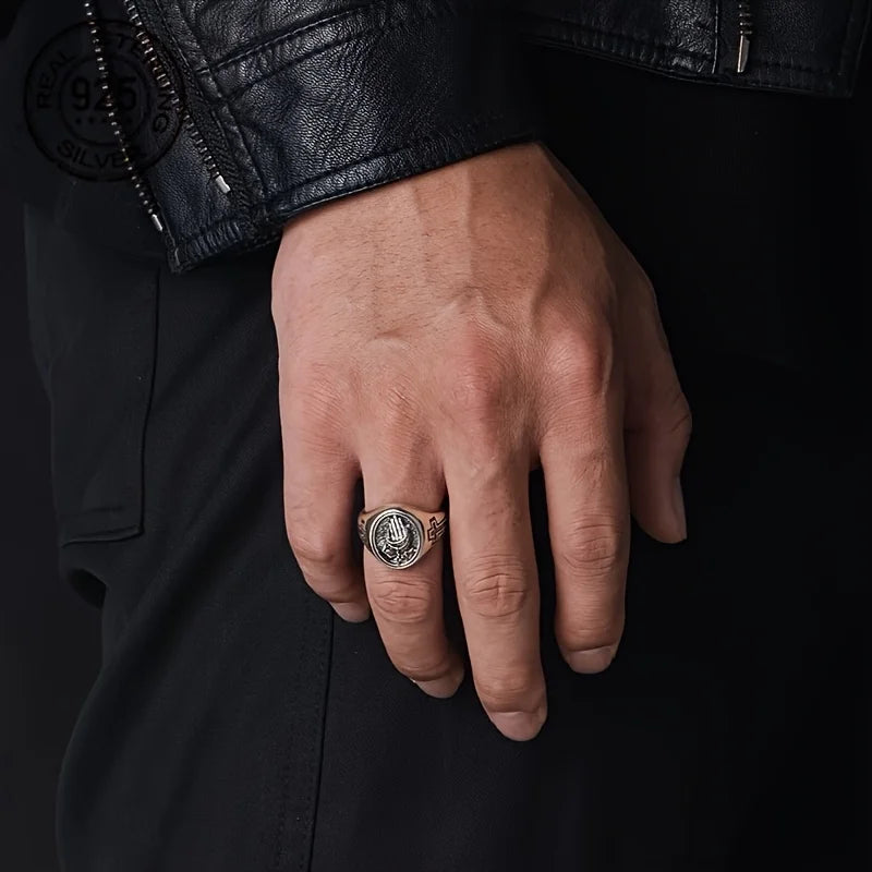 925 Sterling Silver Praying Hands Cross Rings for Men Vintage Punk Signet Believers Religious Ring Christian Jewelry