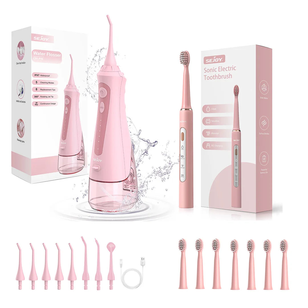 Sejoy Oral Irrigator Dental Water Flosser &  Electric Toothbrush Portable Dental Water Jet kit Rechargeable for Home Travl