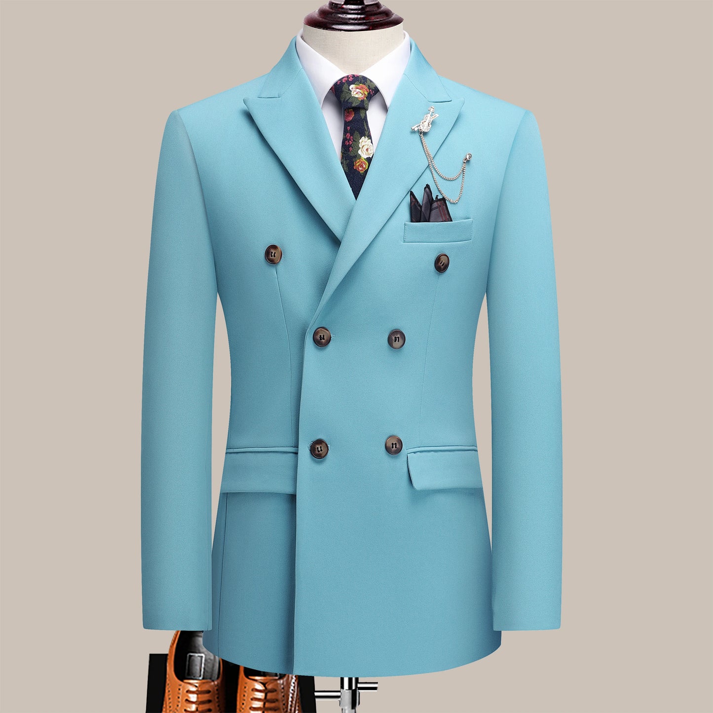 The latest men's solid color suit two-piece set with lapel collar and double breasted buttons for four seasons, men's business s