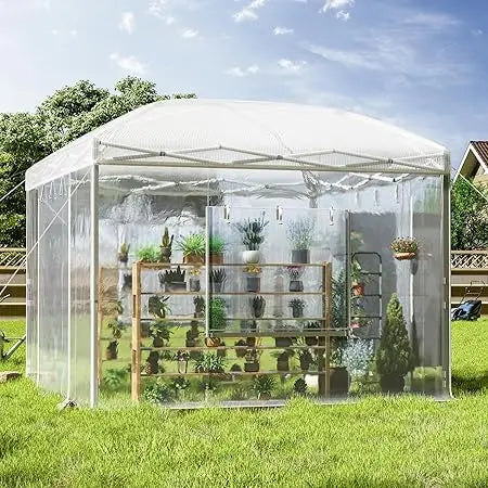 10×10×8.5 FT Outdoors Pop-up Greenhouses with Adjustable Reinforced Frame, Portable Walk in Greenhouse with 2 Roll-up