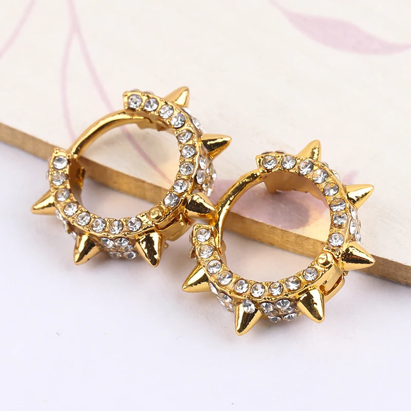 Fashion Punk Gold Color Cross Stud Earrings Hip Hop White Litter Rhimestone Jewelry Piercing Studs for Women Men Ear Accessories