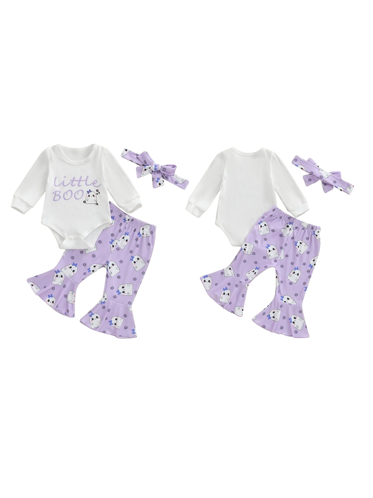 Toddler Girl Halloween Costume Ghost Print Long Sleeve Romper Flare Pants and Headband 3 Piece Set for Party