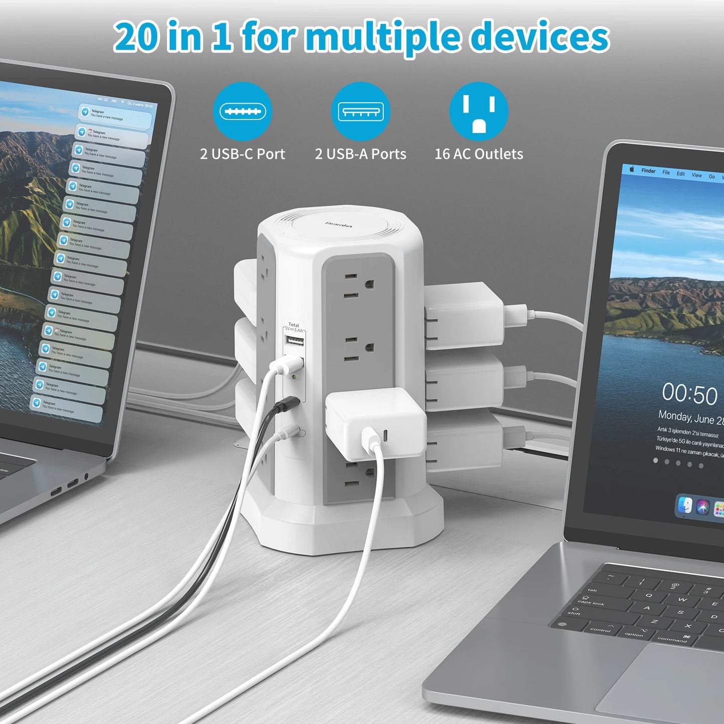 US 4-layer 3m extension tower plug-in board with PD fast charging, suitable for office, home, school and other scenarios