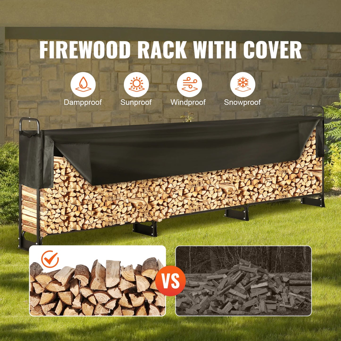 SucceBuy 12.7FT Outdoor Firewood Rack with Cover Heavy Duty Firewood Holder & 600D Oxford Waterproof Cover for Fireplace Patio