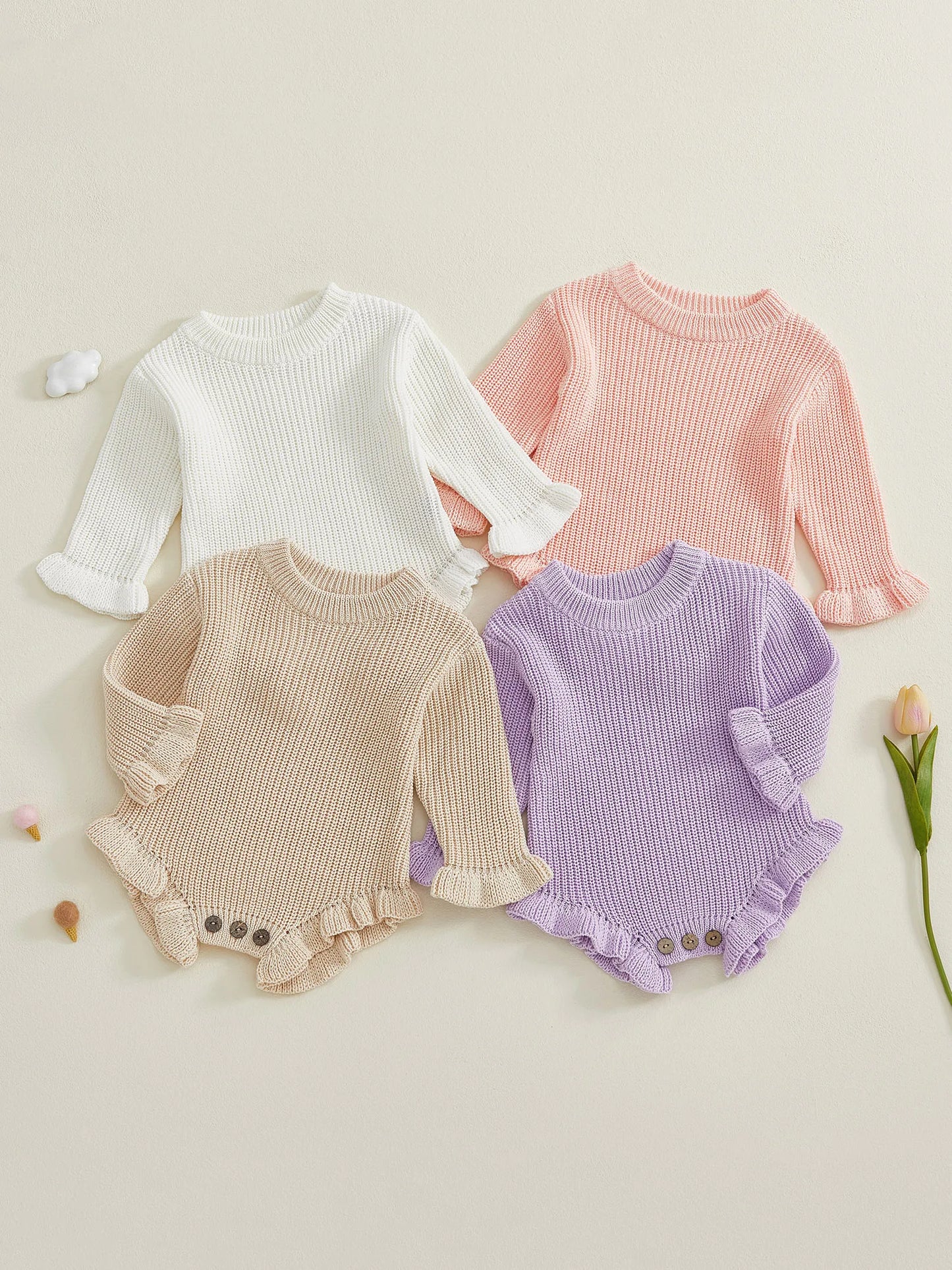 Infant Autumn Knitted Bodysuit with Ruffled Sleeves and Round Neckline Solid Color Sweater Jumpsuit for Baby Girls