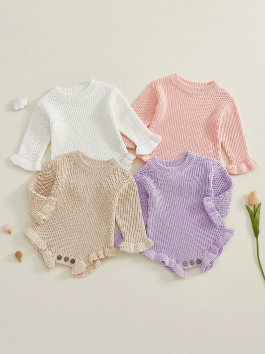 Infant Autumn Knitted Bodysuit with Ruffled Sleeves and Round Neckline Solid Color Sweater Jumpsuit for Baby Girls