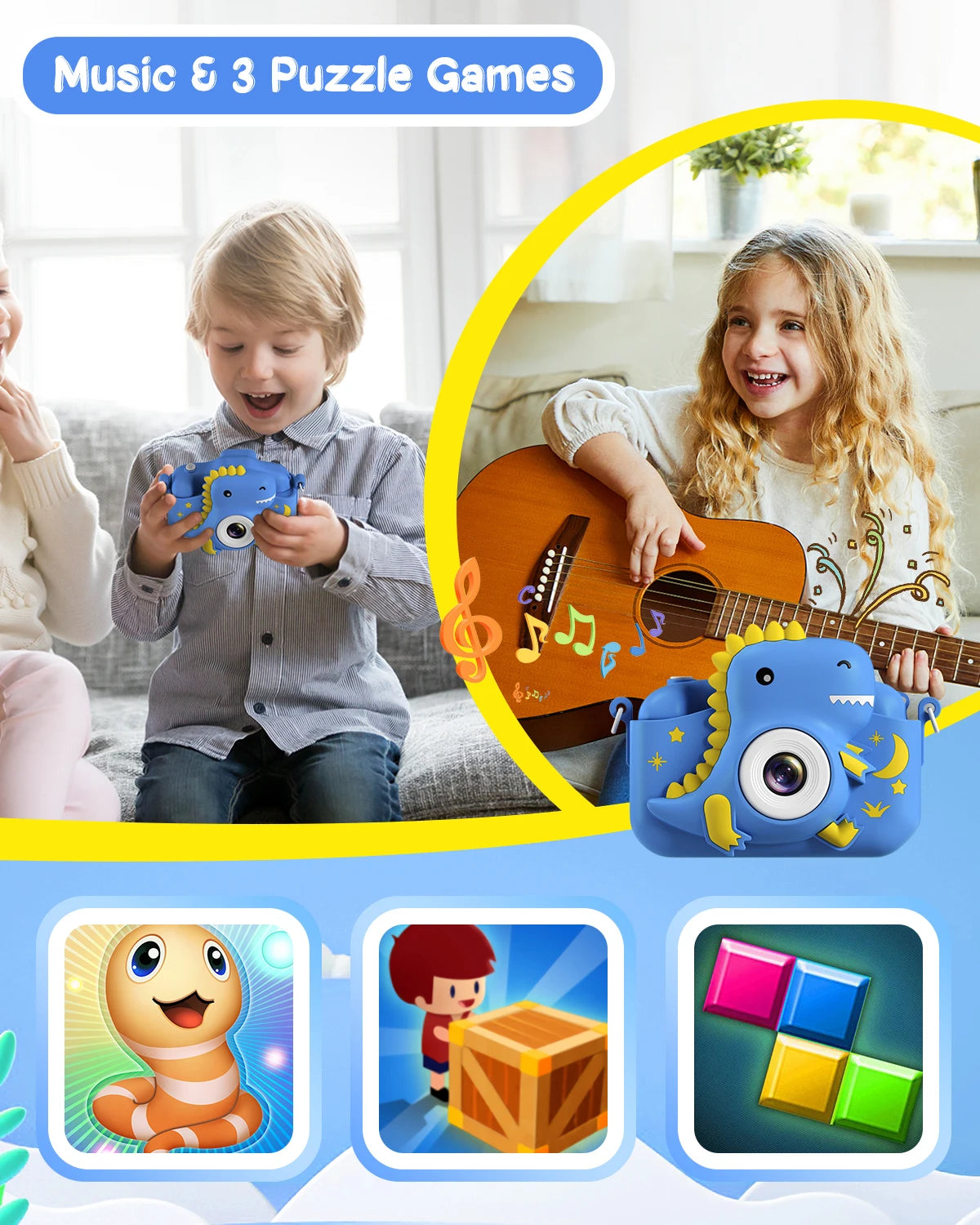 Dinosaur Kids Camera 1080P HD Selfie Camera Portable Toddler Digital Camera Toy Gift For Girls Boys Aged 3-12