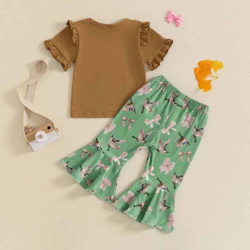 Girls Summer Outfits Adorable Duck Bow Print Ruffles Short-Sleeve Top and Elastic Flare Pants Set for a Stylish Look
