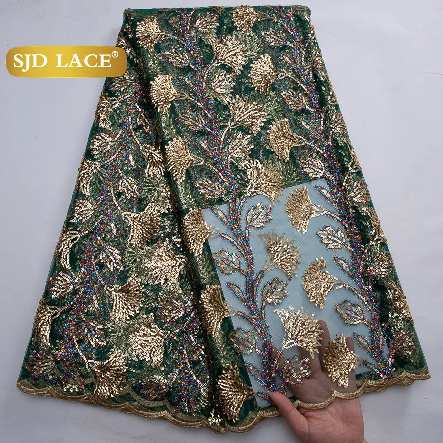 SJD LACE African Green Sequins Mesh Woman Lace Fabric High Quality 2025 Nigerian French Net Lace for Sewing Wedding Dresses 3735