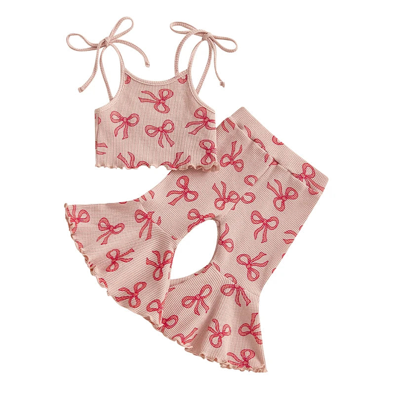 Girls Summer Outfits Adorable Bowknot Print Tie-Up Spaghetti Strap Sleeveless Tank Top with Flare Pants - 2 Piece Clothing Set