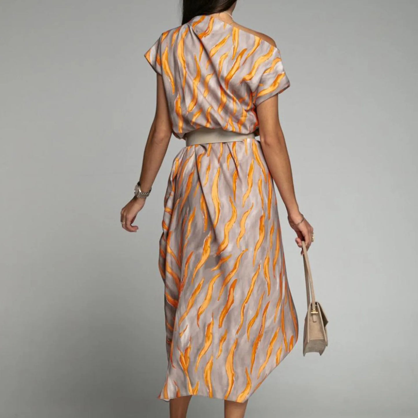 Elegant Long-sleeve Printed Dress For Women High-waisted A- line Round Neck Pullover Trendy Summer Clothing