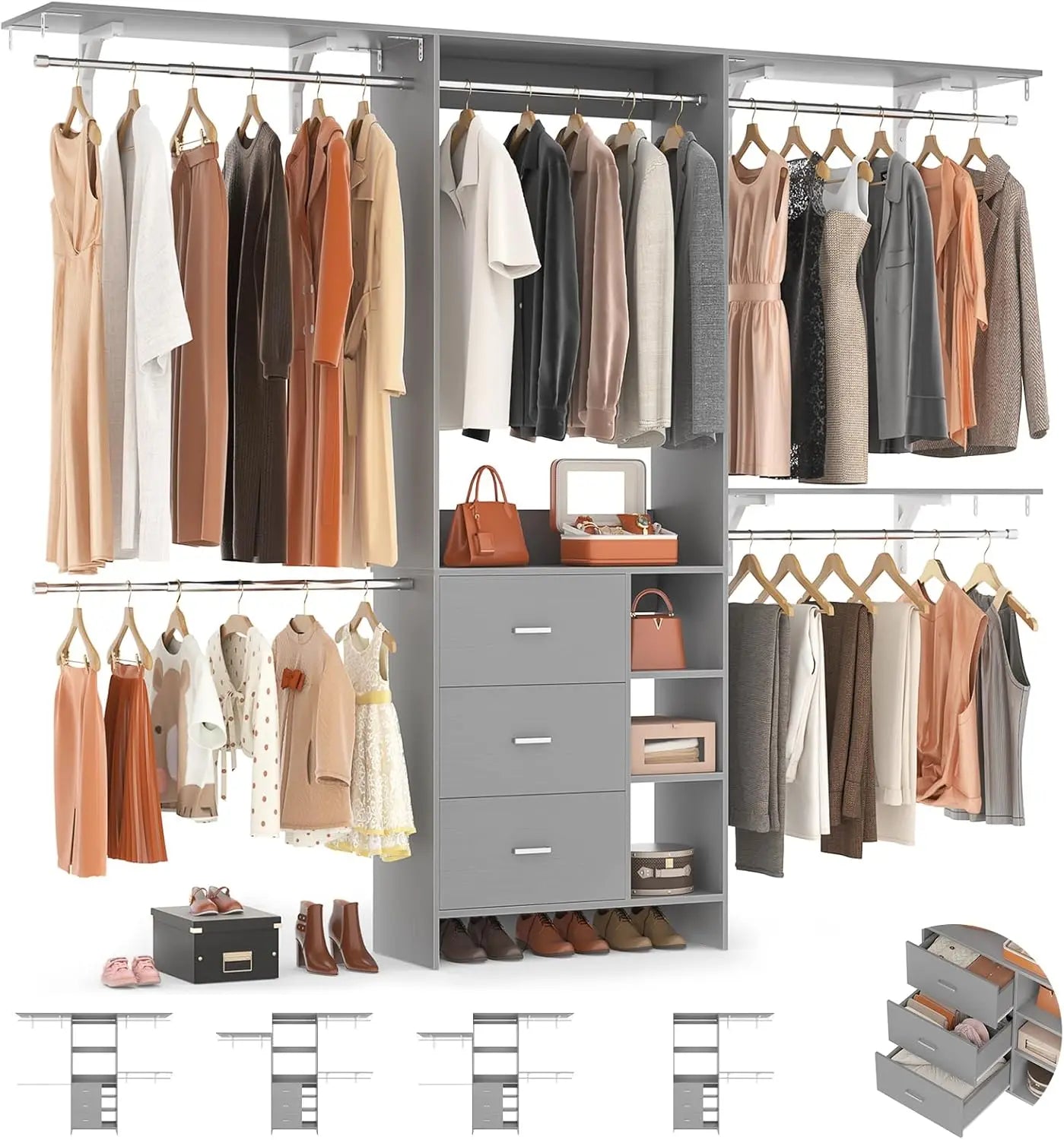 Closet System, Closet Organizer with 3 Wooden Drawers, 8FT Closets Organizer System, 96’’ Walk-in Closet Wardrobe Clothes
