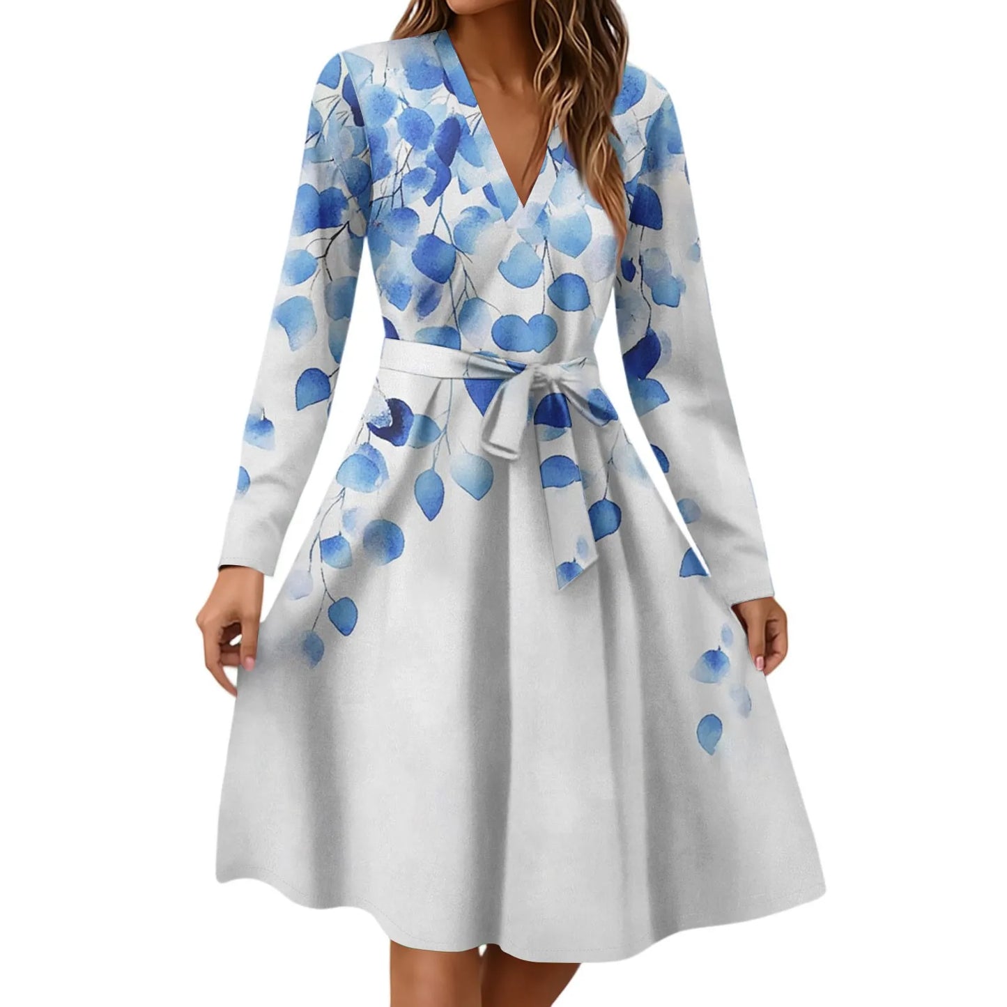 Women'S Fashion Casual V-Neck Long Sleeve Waist Floral Print Midi Dress Vestidos Para Mujer Female Dress Y2k Traf Roupas Feminin