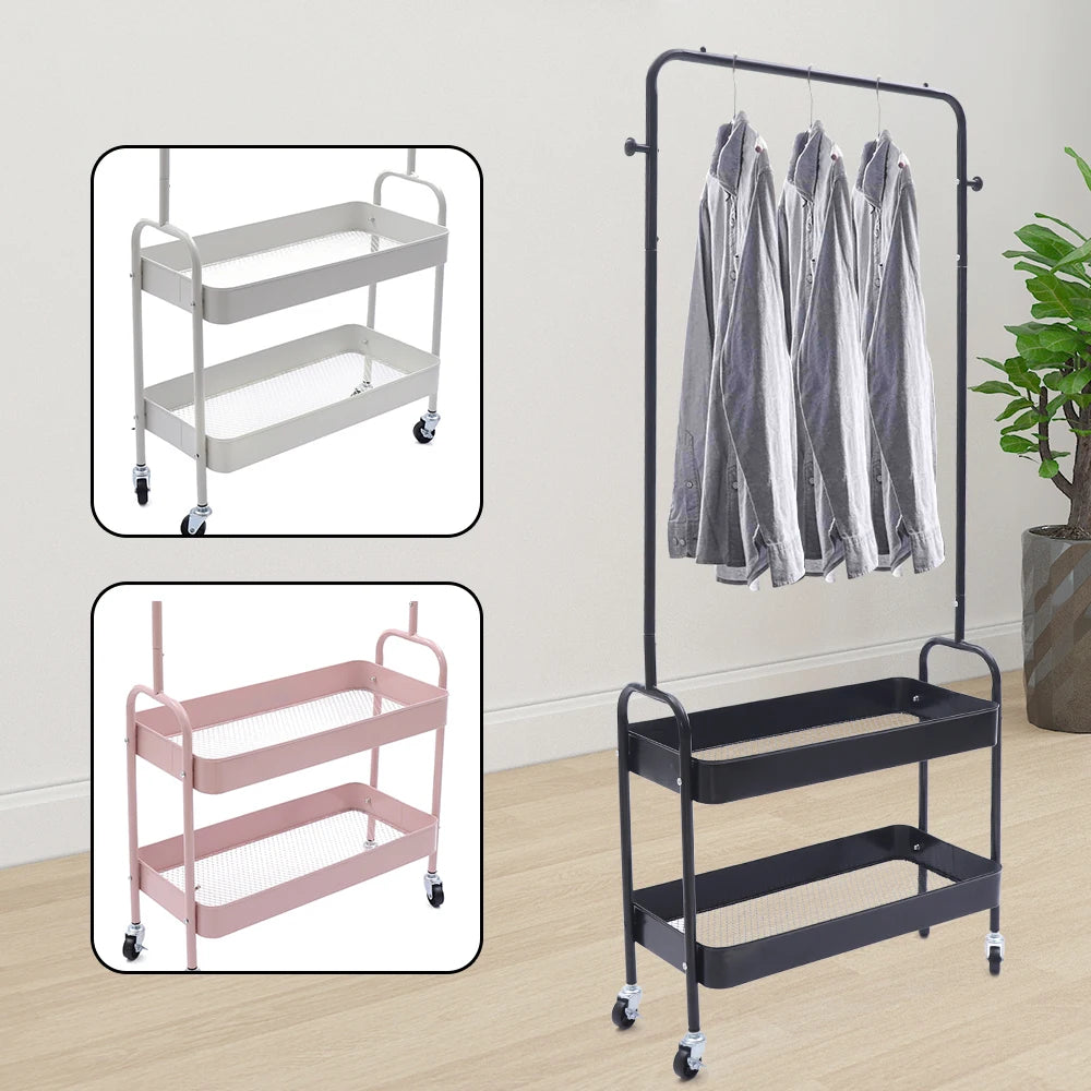 Mobile Clothing Storage Rack Clothing Hanging Rack with 2 Tiers Garment Storage Organizer Stand with Wheels, Black/White/Pink