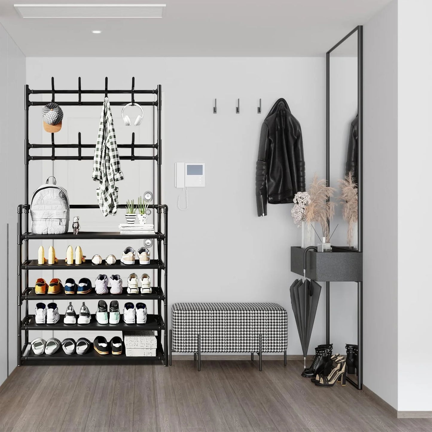 Coat Rack with Shoe Rack Organizer, 3-in-1 Metal Hall Tree with 5-Tier Shelf and 8 Removable Hooks, Freestanding Coat Shoe Rack