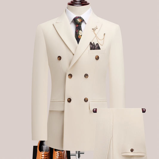 The latest men's solid color suit two-piece set with lapel collar and double breasted buttons for four seasons, men's business s