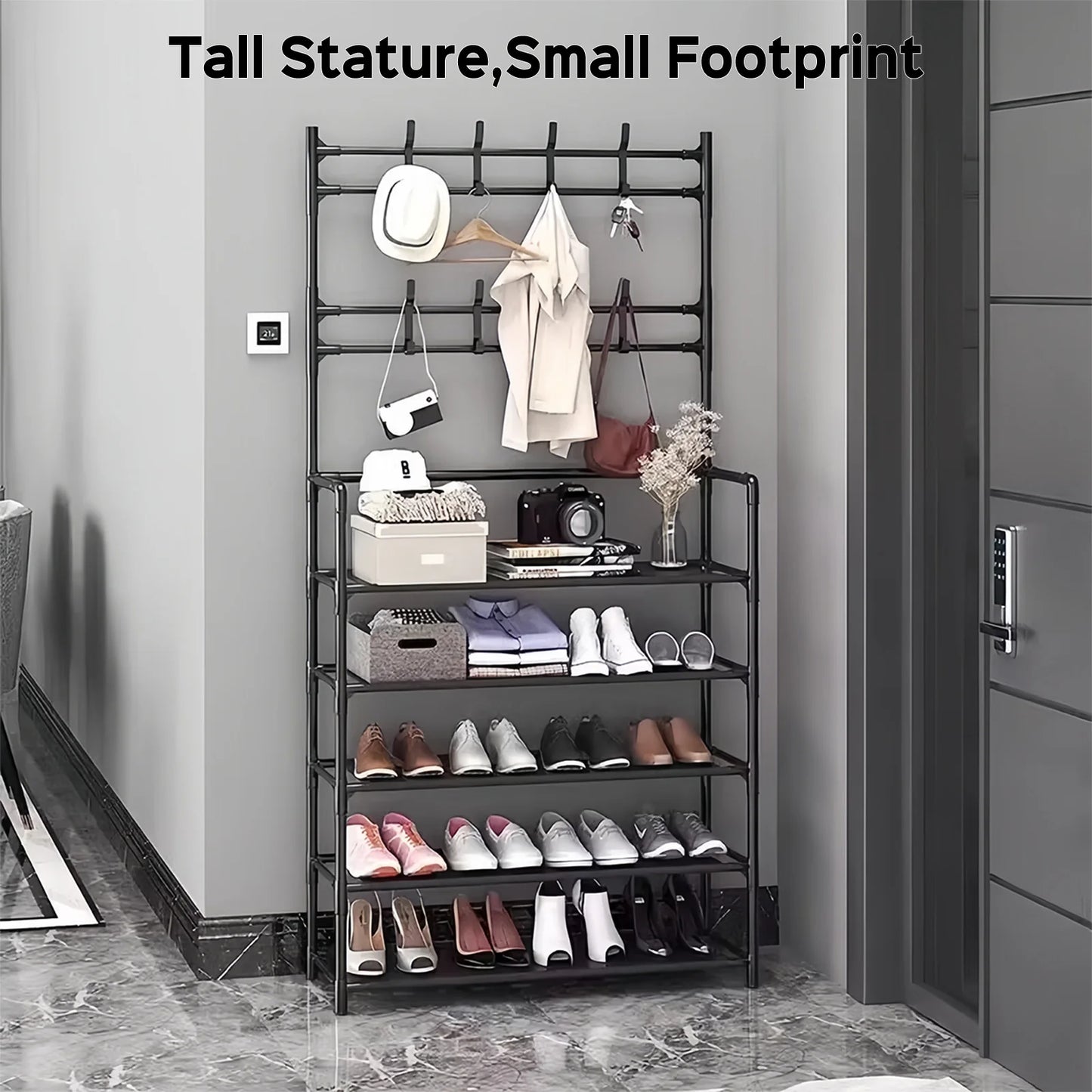 Coat Rack with Shoe Rack Organizer, 3-in-1 Metal Hall Tree with 5-Tier Shelf and 8 Removable Hooks, Freestanding Coat Shoe Rack