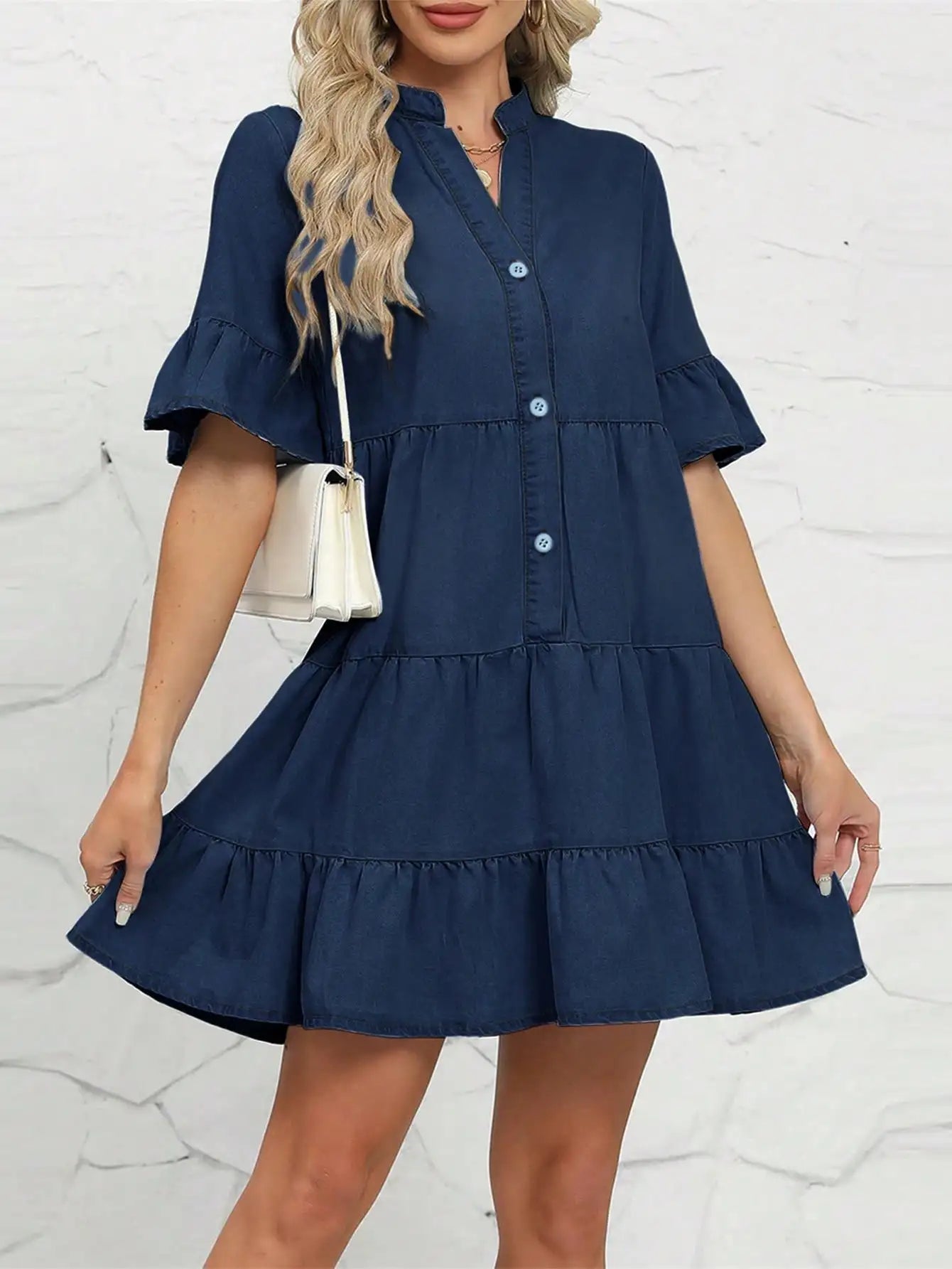 Women's denim dress doll layered short sleeved button denim shirt dress