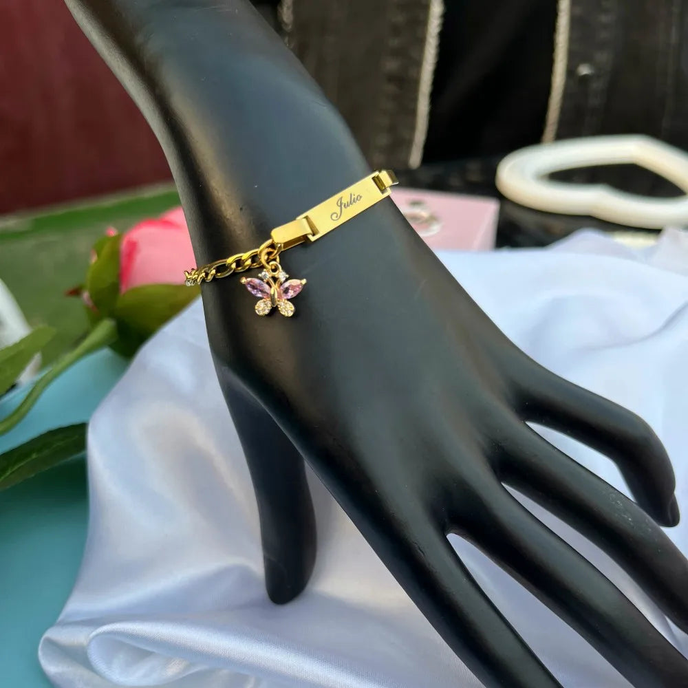 Duoying Pink Butterfly Birthstone Nameplate Necklace Set