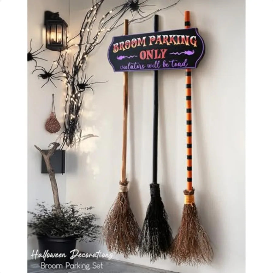 Halloween Decorations Halloween Decor Broom Parking Sign with 3 Wooden Witches Brooms Cute Hocus Pocus Front Porch Wall Decor f