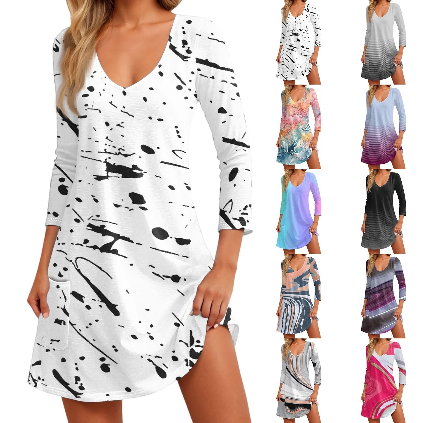 Women'S Fashion Casual V-Neck Floral Print Pocket Three-Quarter Sleeve Dress Vestidos Para Mujer Female Dress Y2k Traf Hot