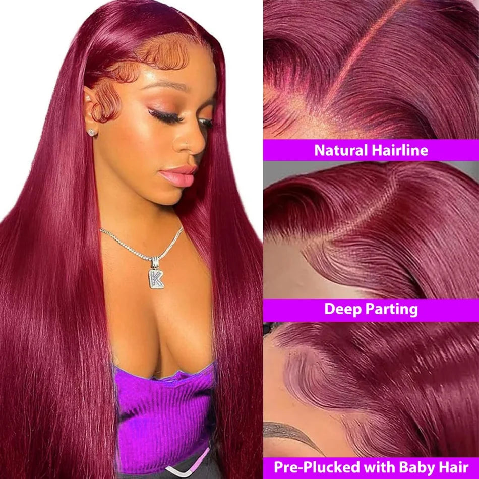 99J Burgundy 13X6 Hd Lace Frontal Human Hair Wigs Straight Lace Front Wigs Pre Plucked 250 Density 30 Inch Pre Plucked For Women