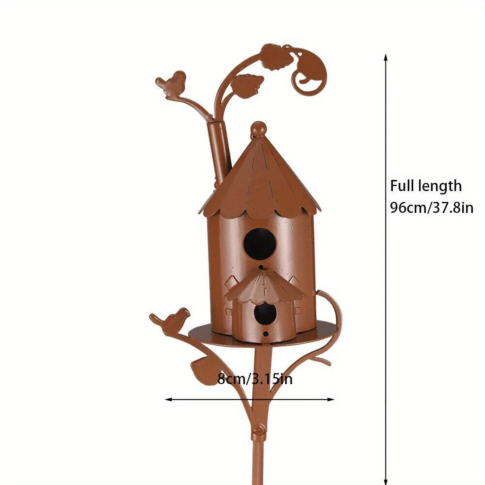 Metal Birdhouse Art Stake Outdoor Rustic Bird House Stand Garden Yard Decor