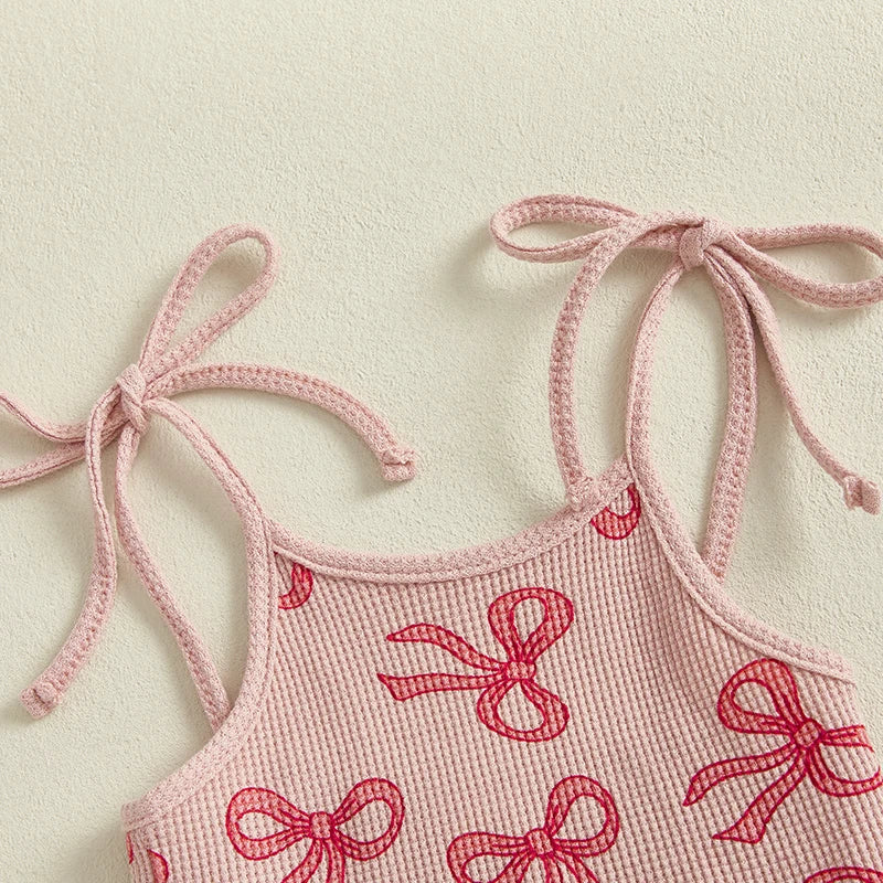 Girls Summer Outfits Adorable Bowknot Print Tie-Up Spaghetti Strap Sleeveless Tank Top with Flare Pants - 2 Piece Clothing Set