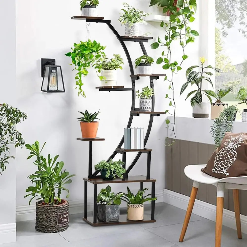 Black Plant Stand with Grow Light for Indoor Plants 9 Tiered Metal Plant Shelf  60" Black  Holder Display Rack for Home Balcony