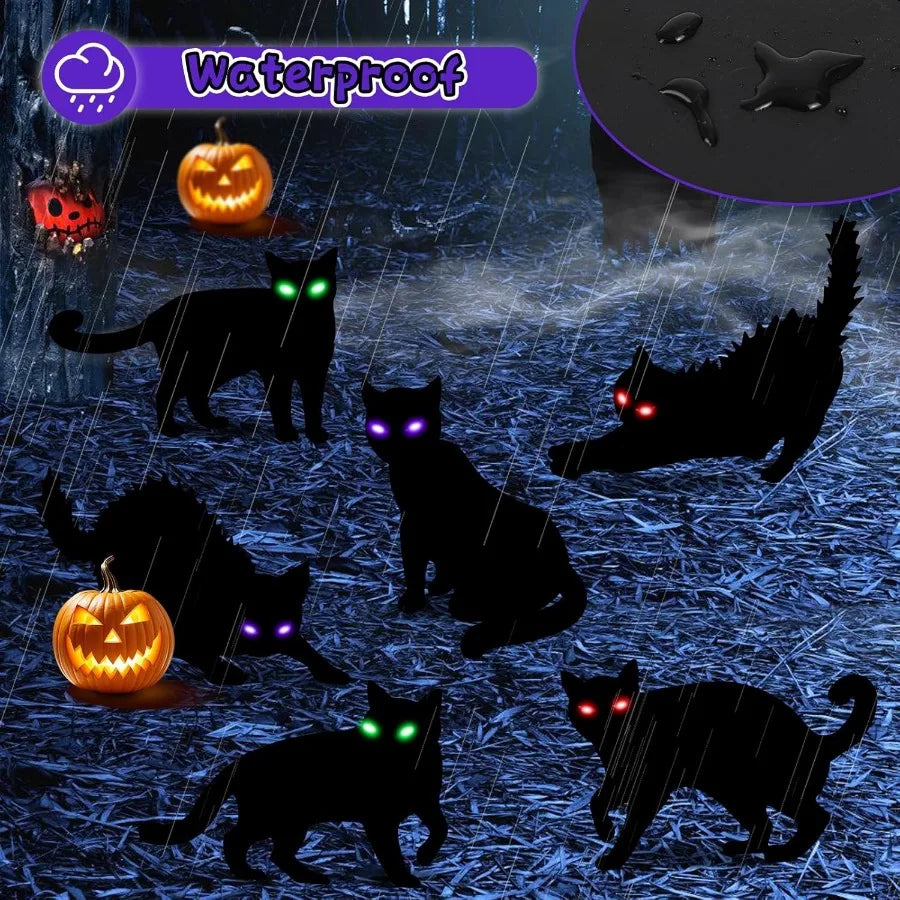 6Pack Black Cat Halloween Decorations Outdoor with LED Glowing Eyes Lights Black Cat Yard Stakes Halloween Decor Waterproof Out