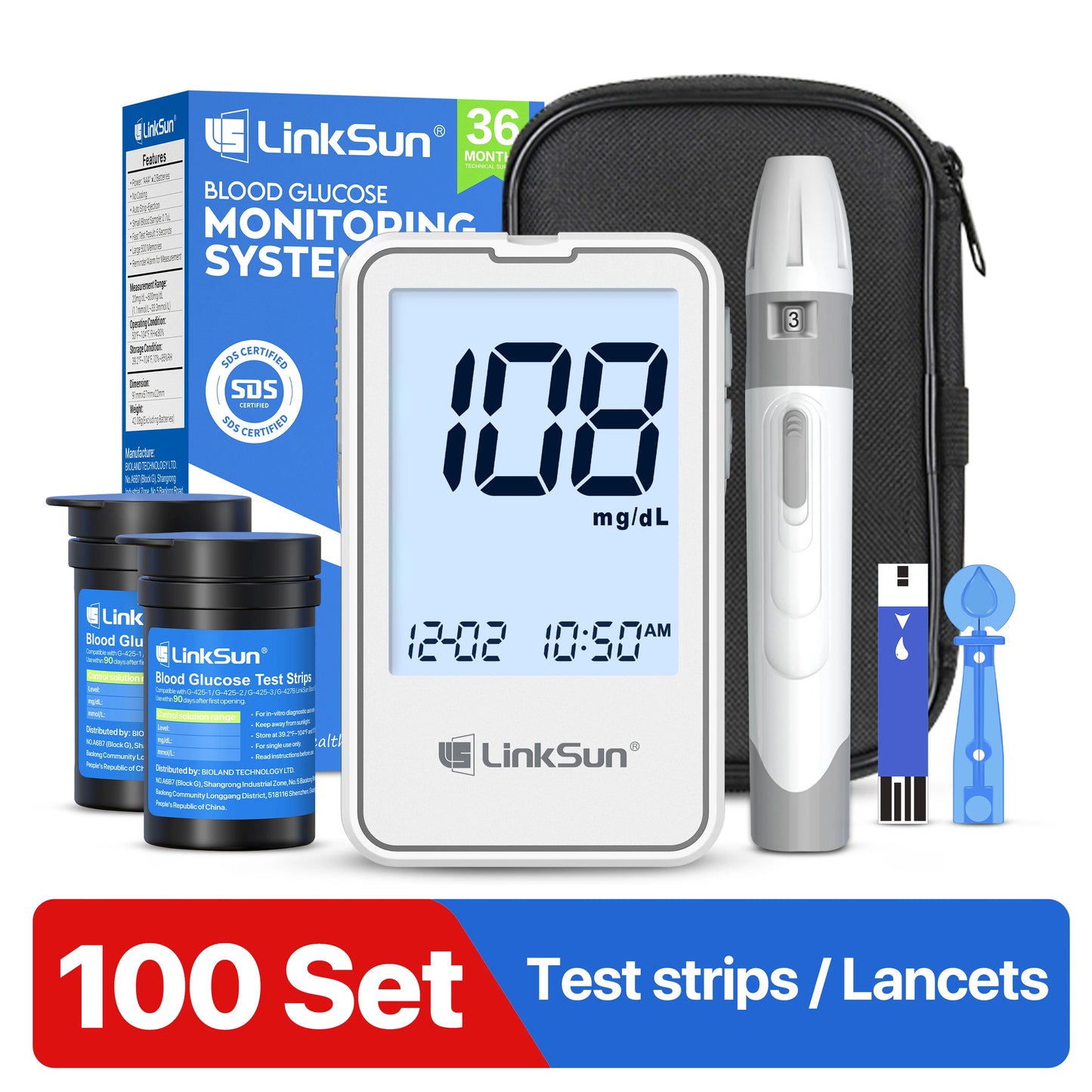 G-425-2 Linksun Blood Glucose Meter Glucometer Kit Medical Diabetes Testing Blood Sugar Tester Digital Glucosemeter Complete Kit