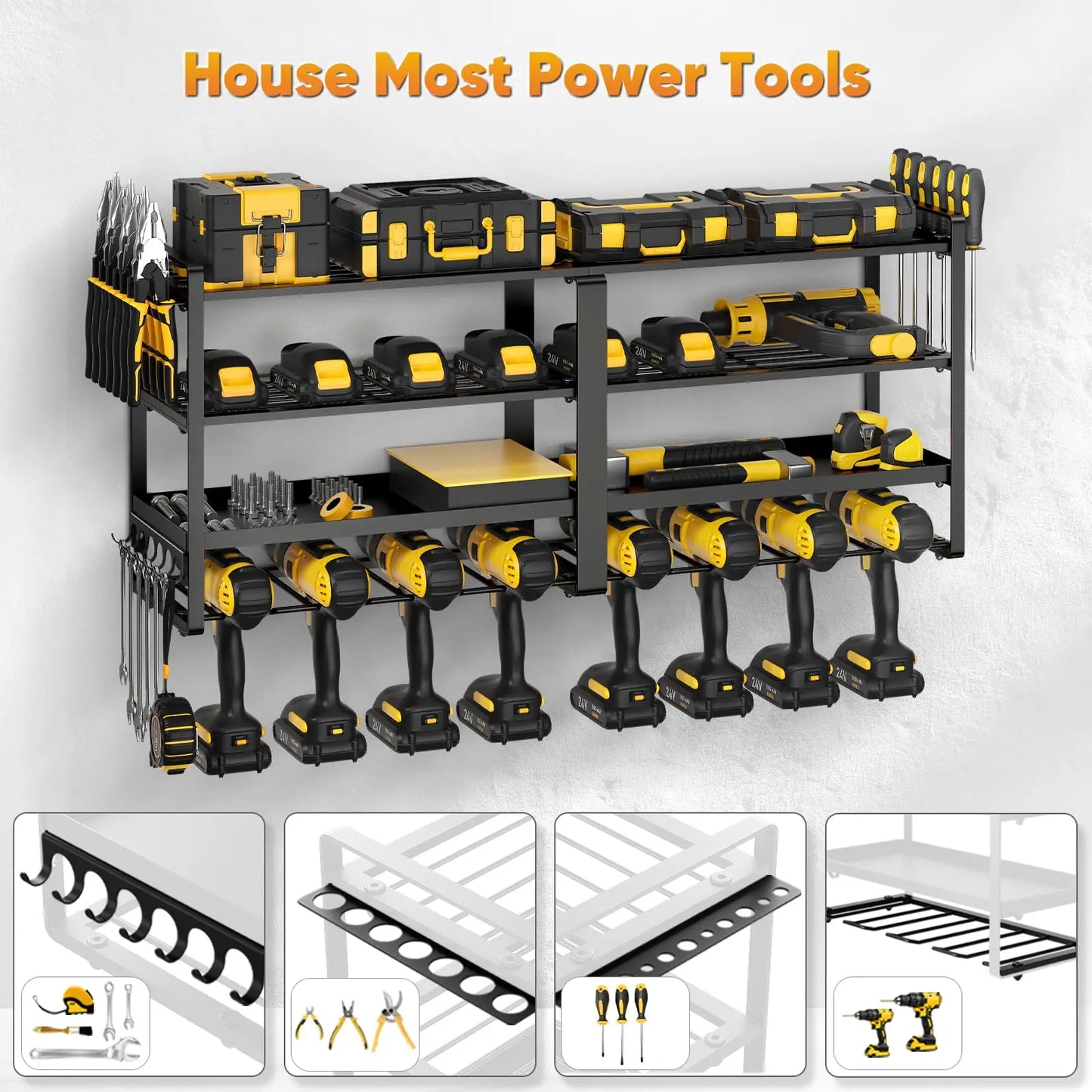 Power Tool Organizer Wall Mount, Extended Large Heavy Duty Drill Holder, 4 Layer Garage and Storage, Suitable Utility Racks