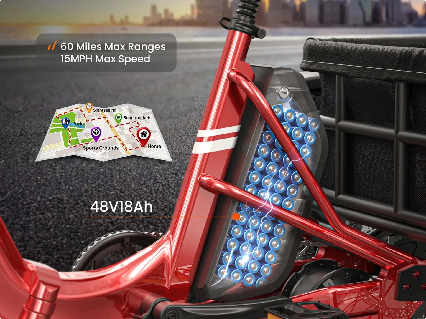 PUCKIPUPPY Husky Electric Trike for Adult 960W Peak Motor 60 Miles Range Pickup Class Tricycle 500 Lbs Load Electric Trike