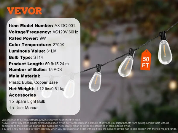 SucceBuy LED Outdoor String Lights 2700K Dimmable Outside Patio Waterproof Hanging Lights for Porch Backyard Garden Balcony