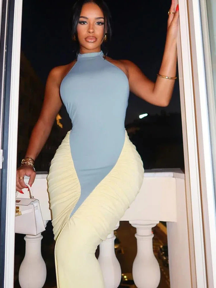 Sisterlinda Classic Elegant Maxi Dress Panelled Shirring Sexy Halter Backless Sheath Long Robe Mujer Elegant Festival Vestidos