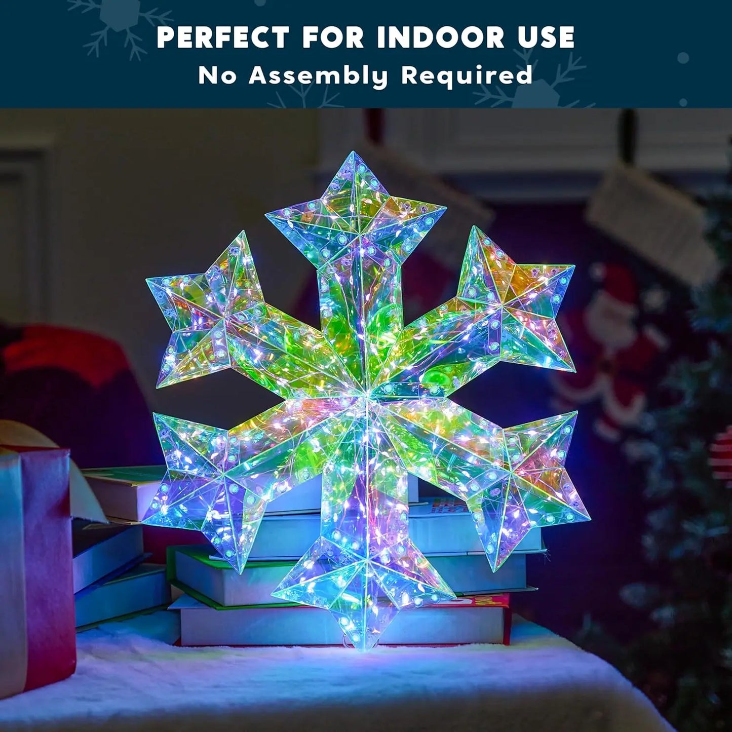 JOYFY 15 in Prismatic Iridescent Snowflake Light Prismatic Christmas Decor 100 LED Cool White Lights for Indoor Christmas Décor