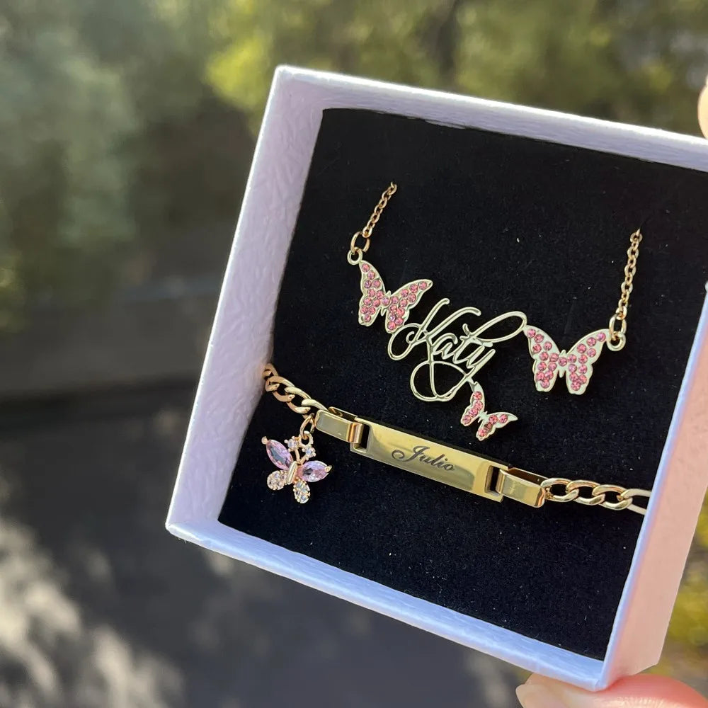 Duoying Pink Butterfly Birthstone Nameplate Necklace Set