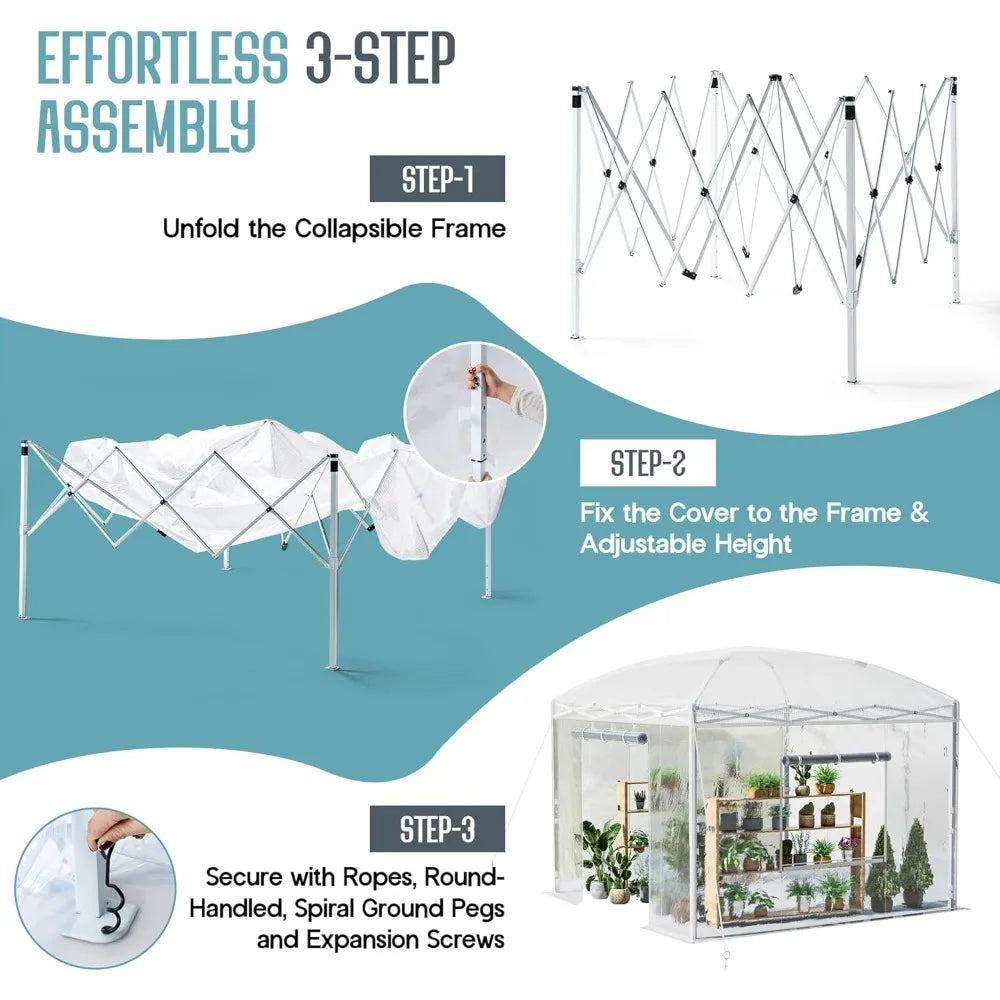 10×10×8.5 FT Outdoors Pop-up Greenhouses with Adjustable Reinforced Frame, Portable Walk in Greenhouse with 2 Roll-up