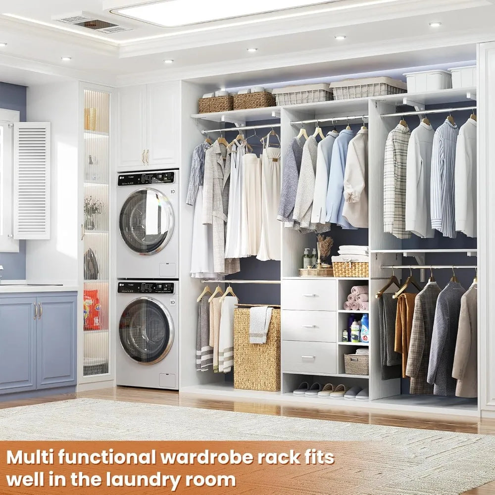 Closet System, Closet Organizer with 3 Wooden Drawers, 8FT Closets Organizer System, 96’’ Walk-in Closet Wardrobe Clothes