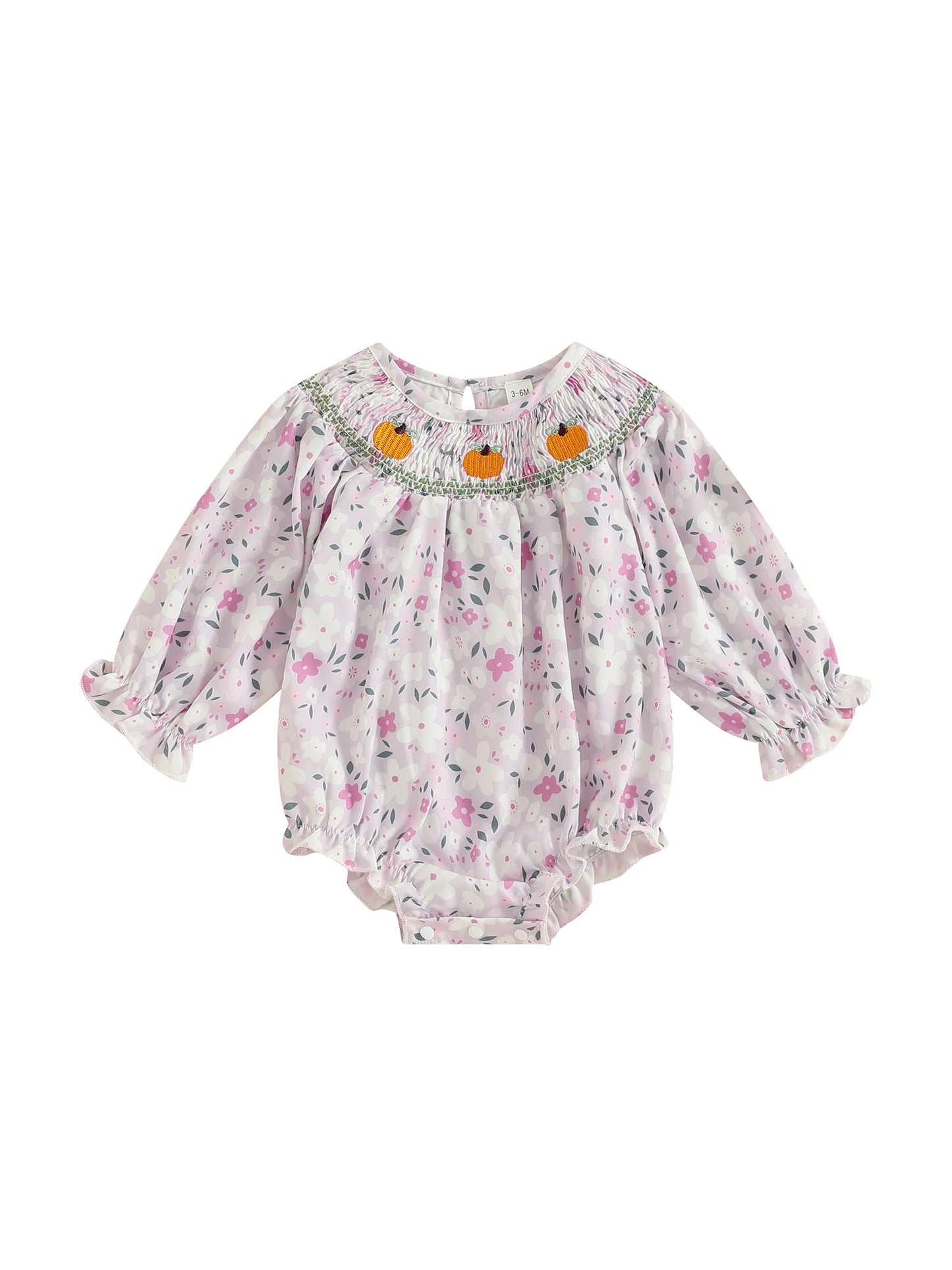 Thanksgiving Baby Girl Romper with Turkey and Pumpkin Print Long Sleeve Crewneck Smocked Bodysuit for Fall Adorable Autumn