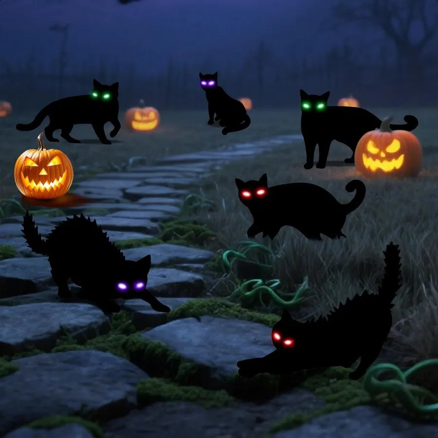6Pack Black Cat Halloween Decorations Outdoor with LED Glowing Eyes Lights Black Cat Yard Stakes Halloween Decor Waterproof Out