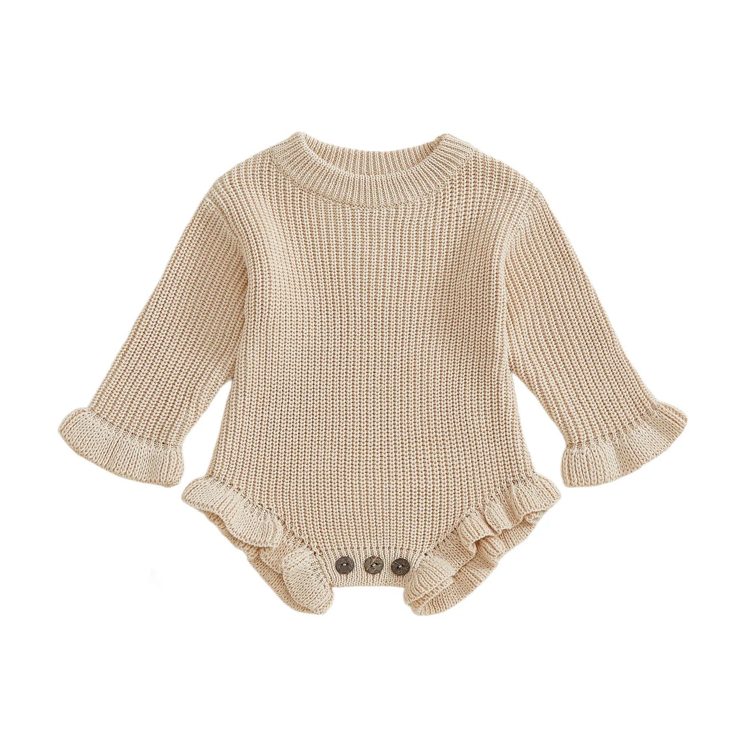 Infant Autumn Knitted Bodysuit with Ruffled Sleeves and Round Neckline Solid Color Sweater Jumpsuit for Baby Girls