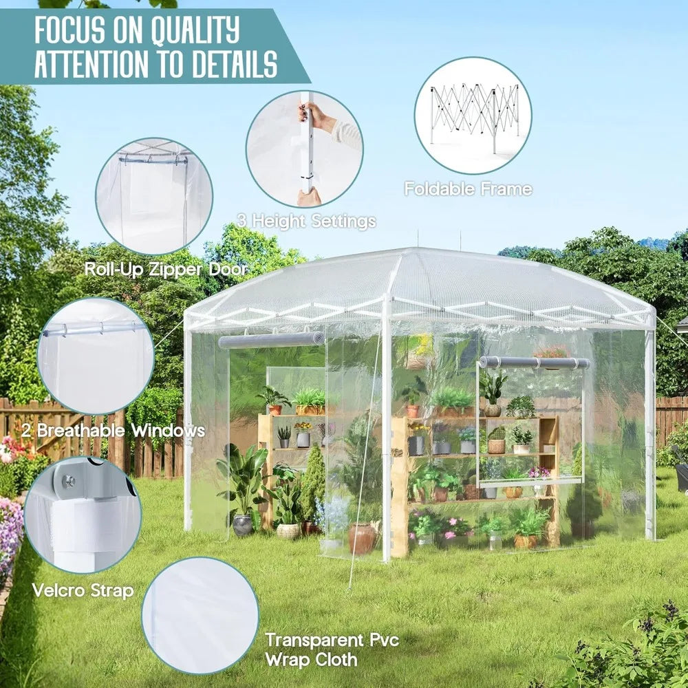10×10×8.5 FT Outdoors Pop-up Greenhouses with Adjustable Reinforced Frame, Portable Walk in Greenhouse with 2 Roll-up